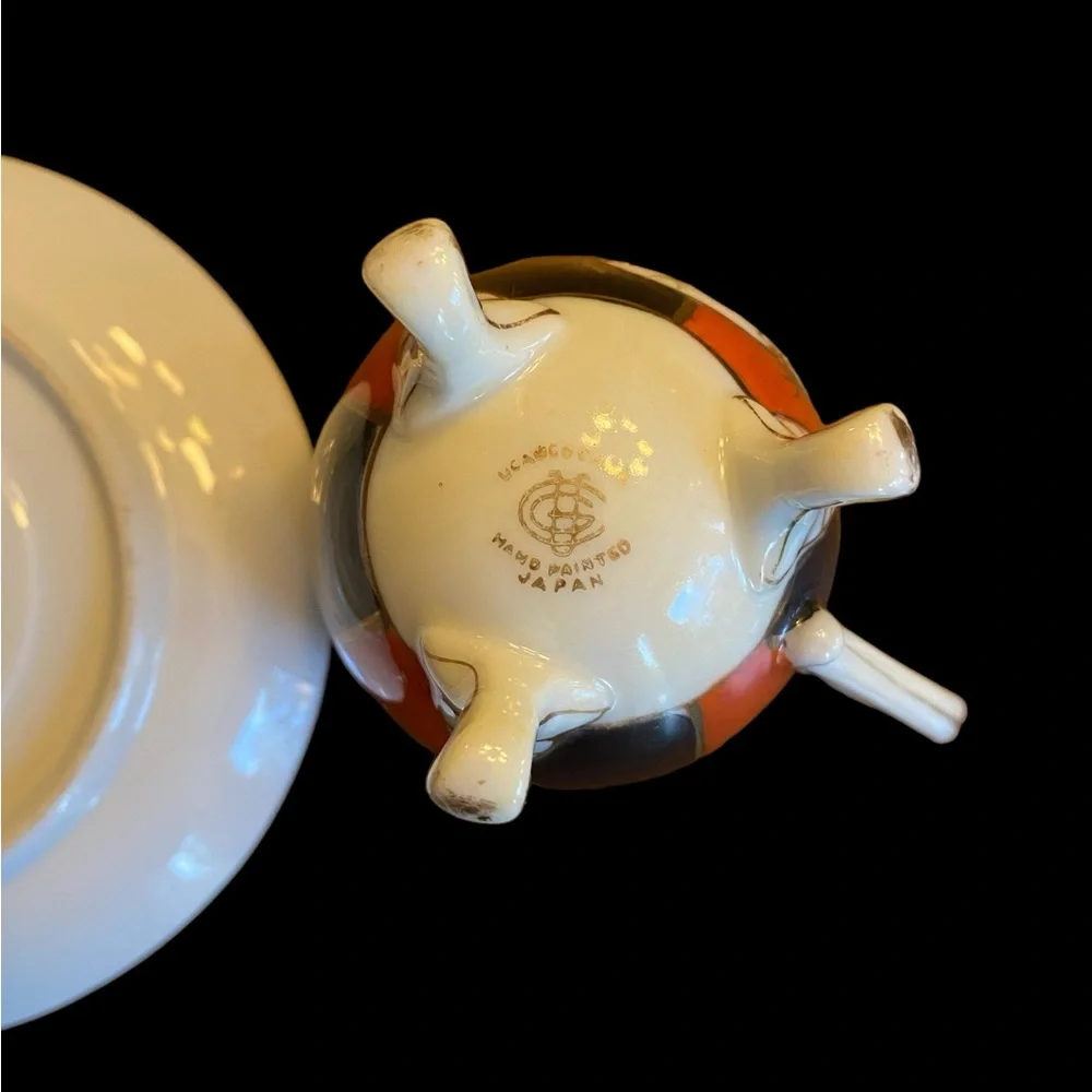 UCAGCO Vintage Footed Demitasse Cup Saucer Set Hand Painted Japan Orange Black